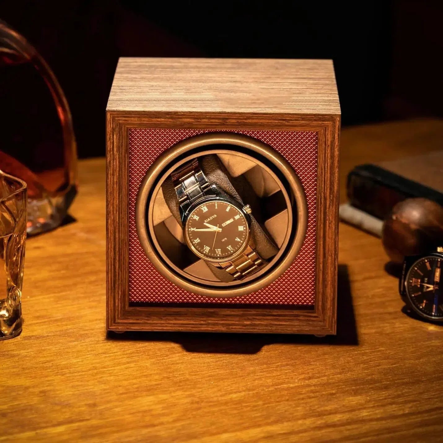 Remontoir Montre Cube Bois Chêne Terracotta