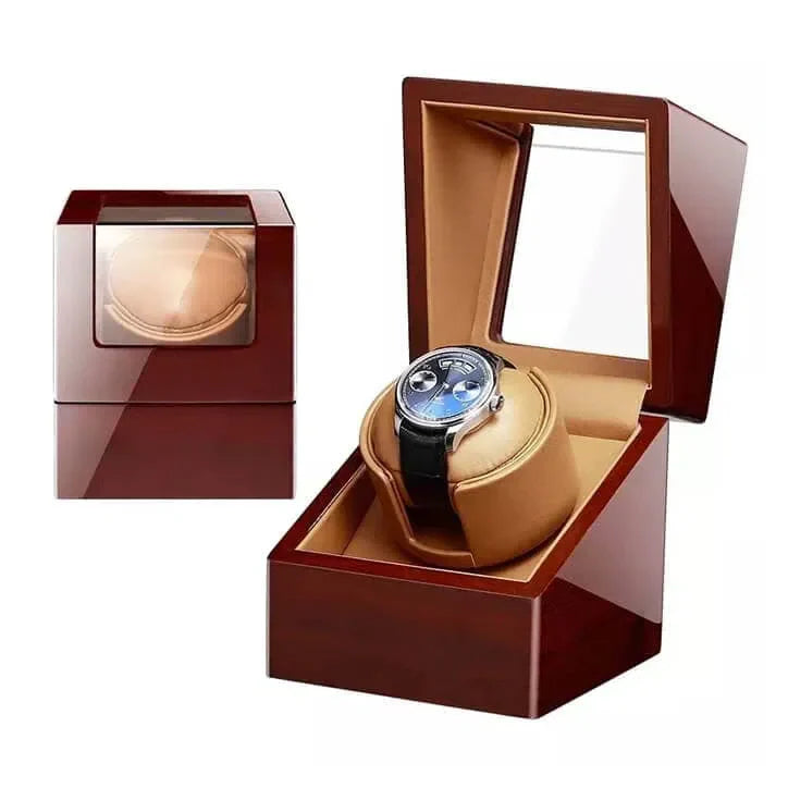Remontoir Montre Bois Chêne Vernis Cuir Beige