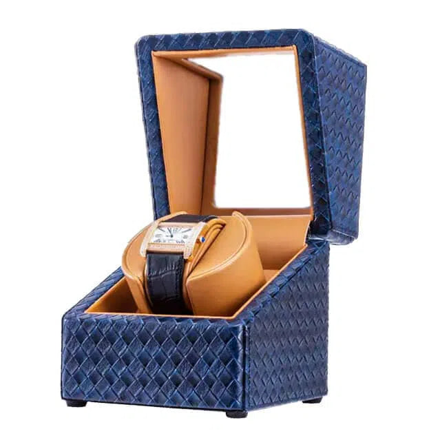 Remontoir Montre Bois Hêtre Cuir Bleu Indigo