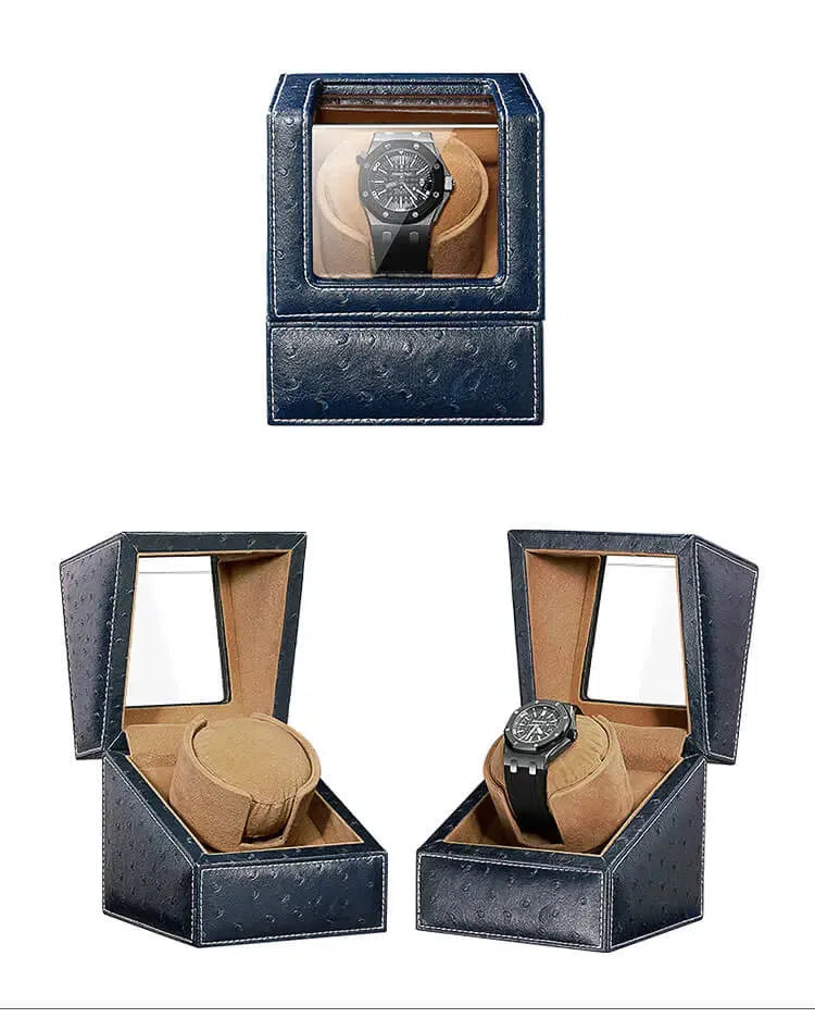 Remontoir Montre Cuir Autruche Bleu Océan