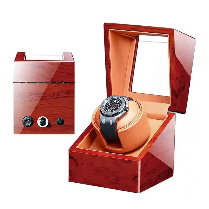 Remontoir Montre Bois Poirier Rouge Cuir Jaune