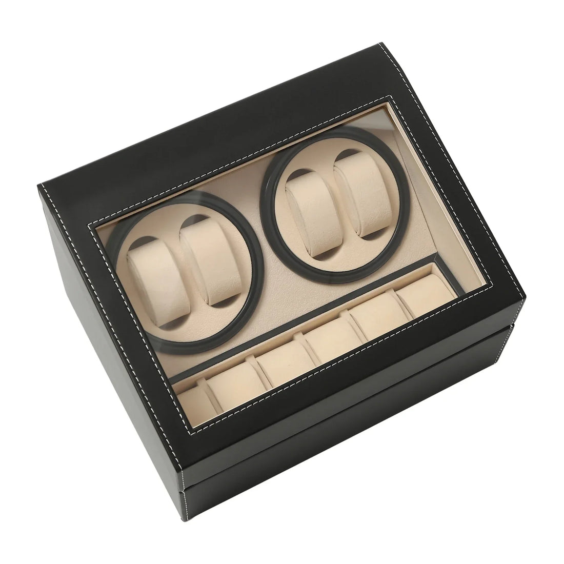 Remontoir simili cuir 4 montres – vue de dessus des rotors et des coussins