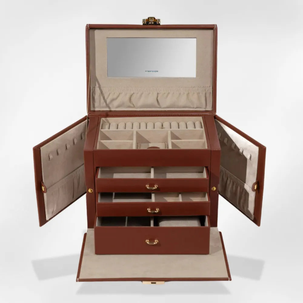 Boîte à Bijoux Cuir Tiroir Miroir Sécurisée