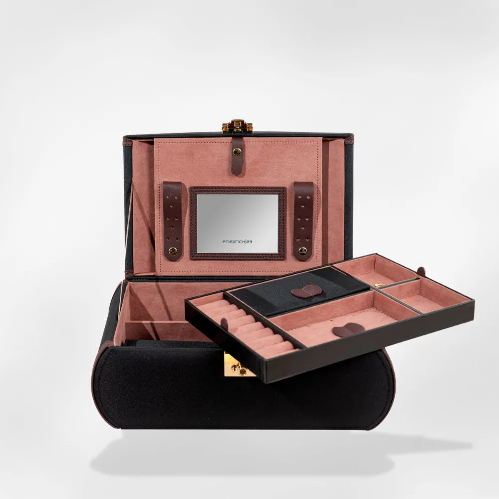 Boîte à Bijoux Cuir Noir Velours Miroir