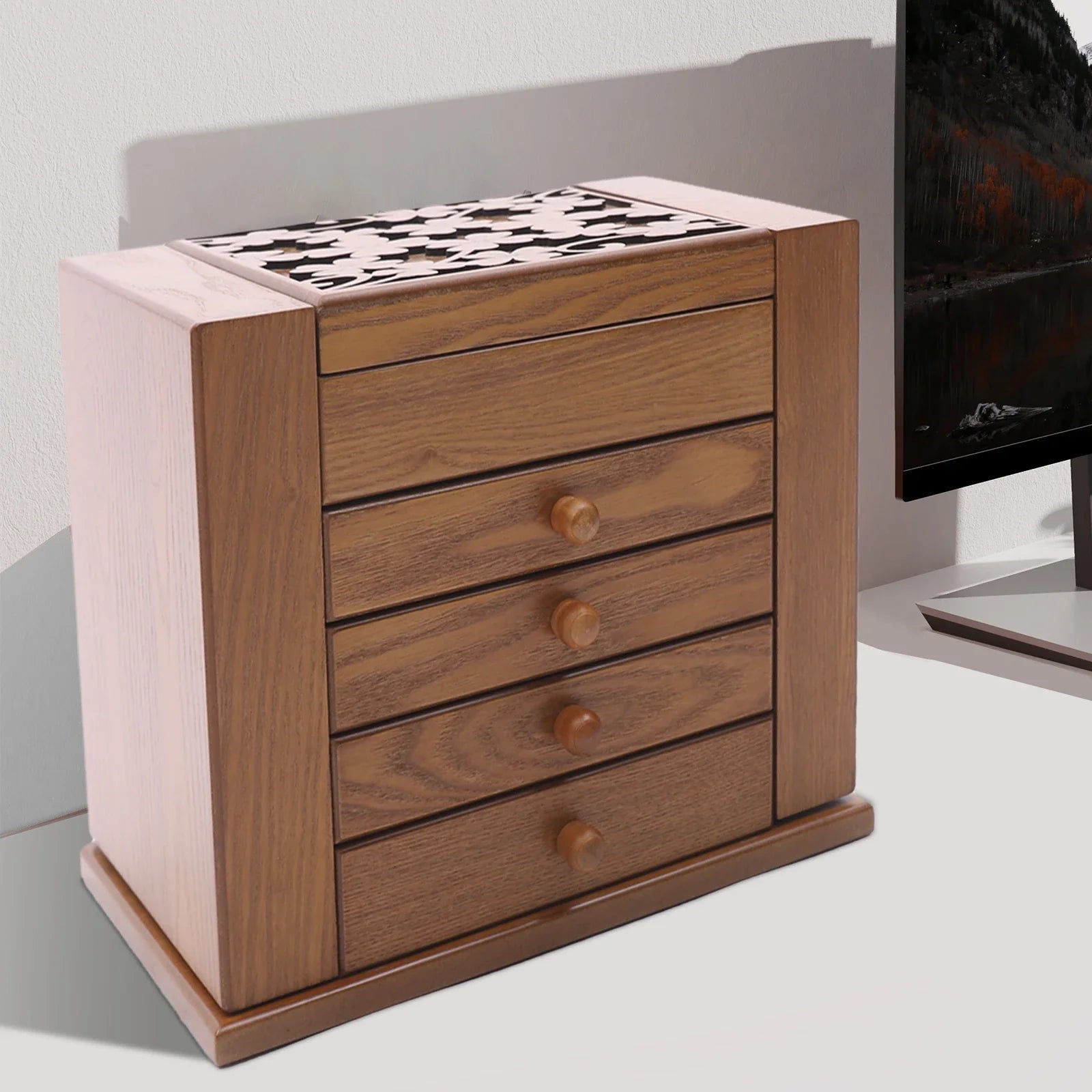 Boîte à Bijoux Bois 4 Tiroirs Miroir Intégré