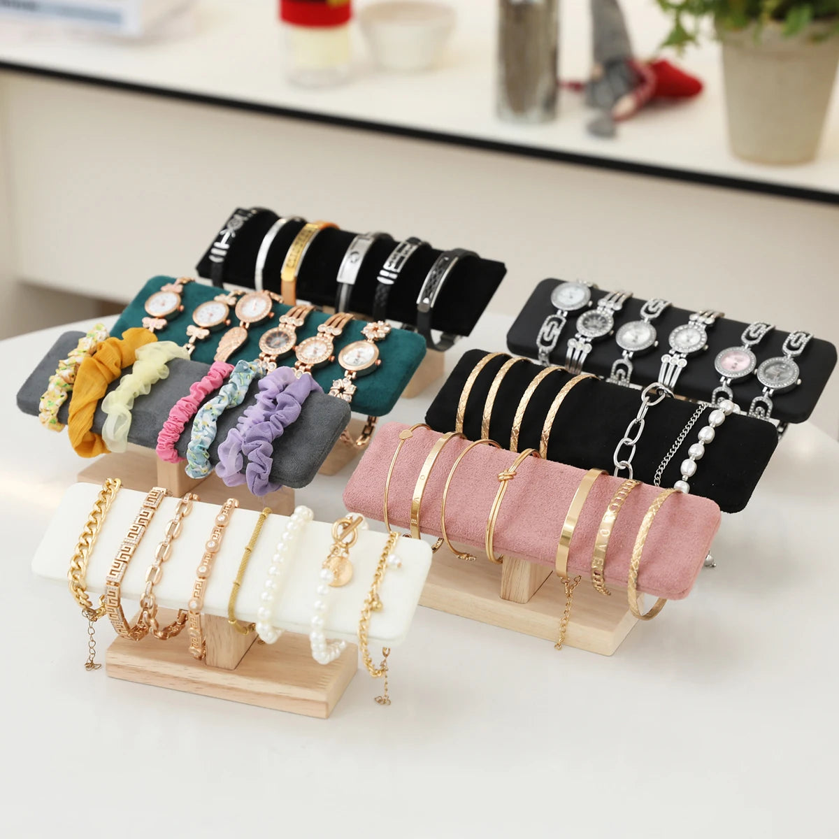 Présentoir Bracelet Bois Velours Cuir Forme T