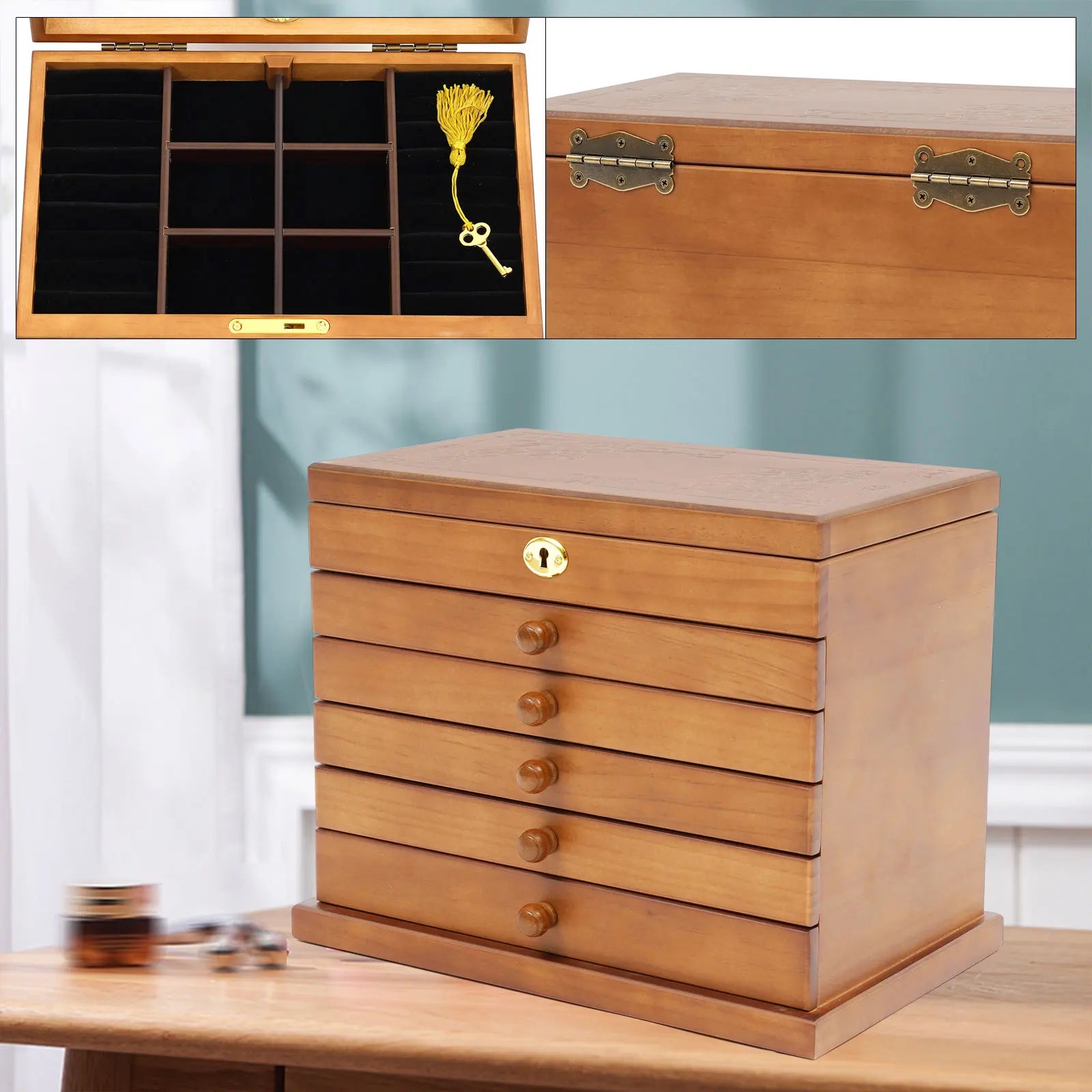 Boîte Bijoux Bois Massif 6 Tiroirs Miroir Serrure