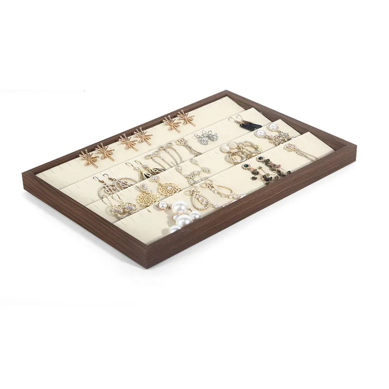 Plateau Bijoux Bois Noyer Velours Rétro