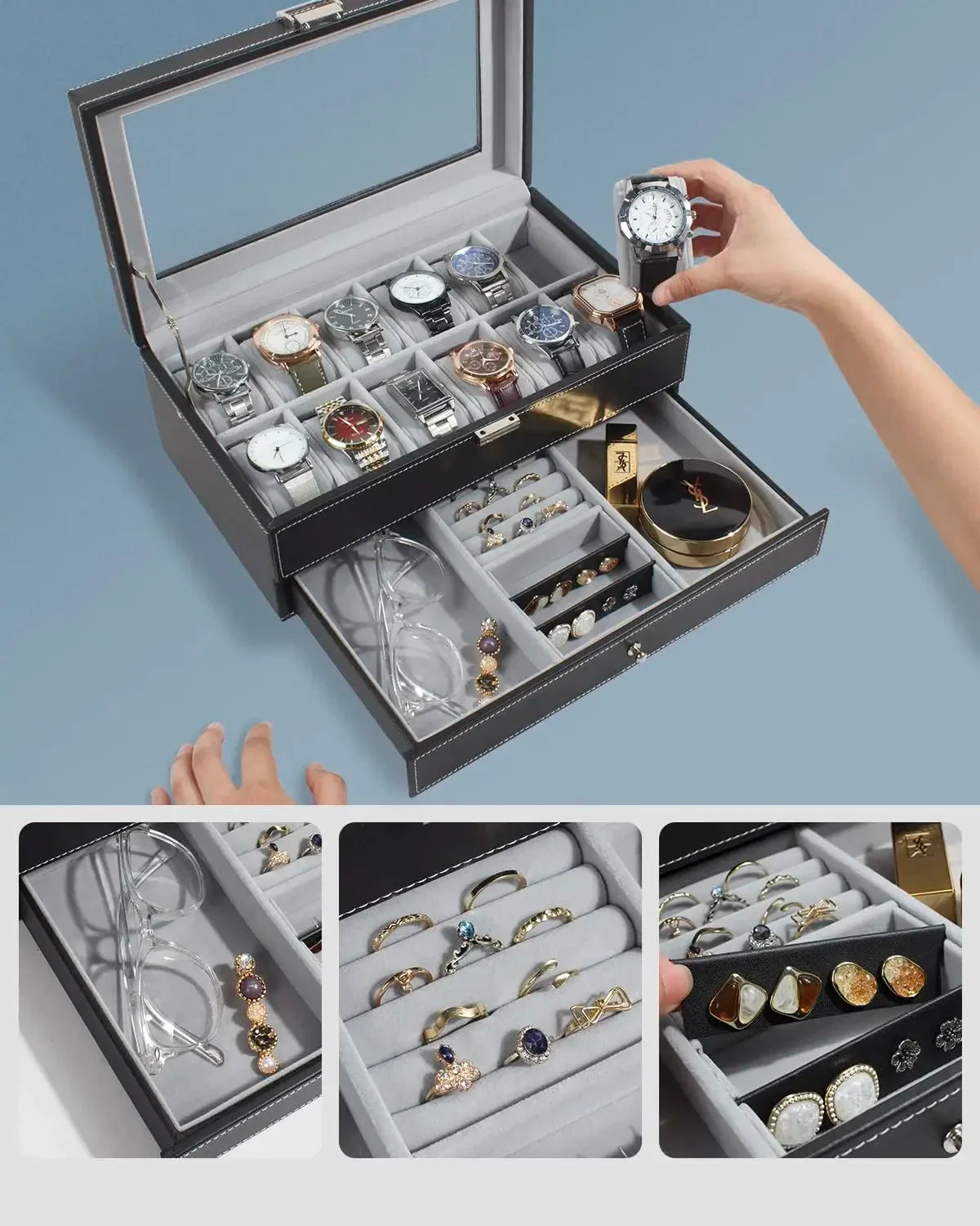Boîte à Montres Simili Cuir Double Niveau Tiroir