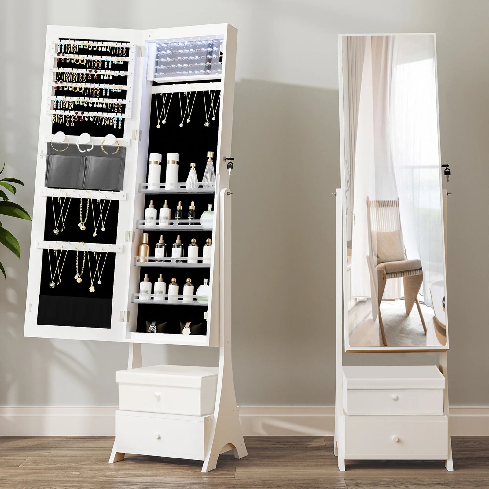 Boîte à Bijoux Bois Armoire Miroir Tiroirs Velours