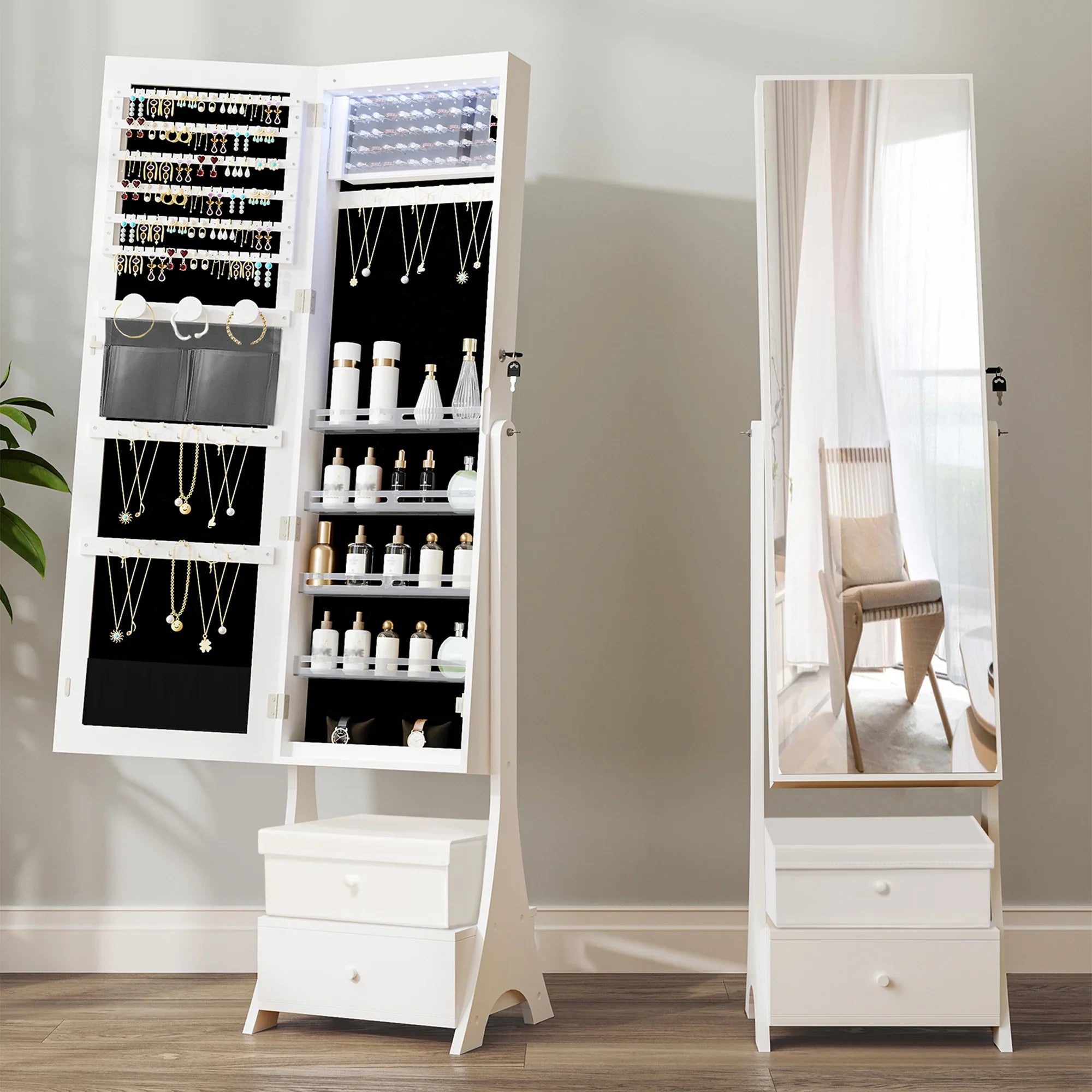 Boîte à Bijoux Bois Armoire Miroir Tiroirs Velours