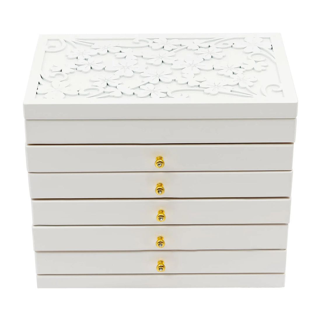 Boîte à bijoux blanche sculptée – couvercle sculpté de fleurs vu de face