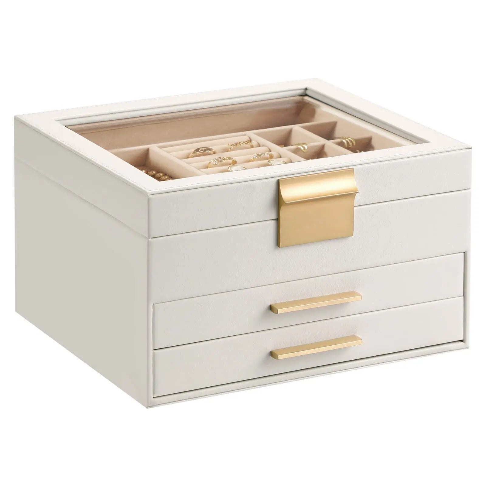 Boîte Bijoux Simili Cuir Velours Blanc Compact