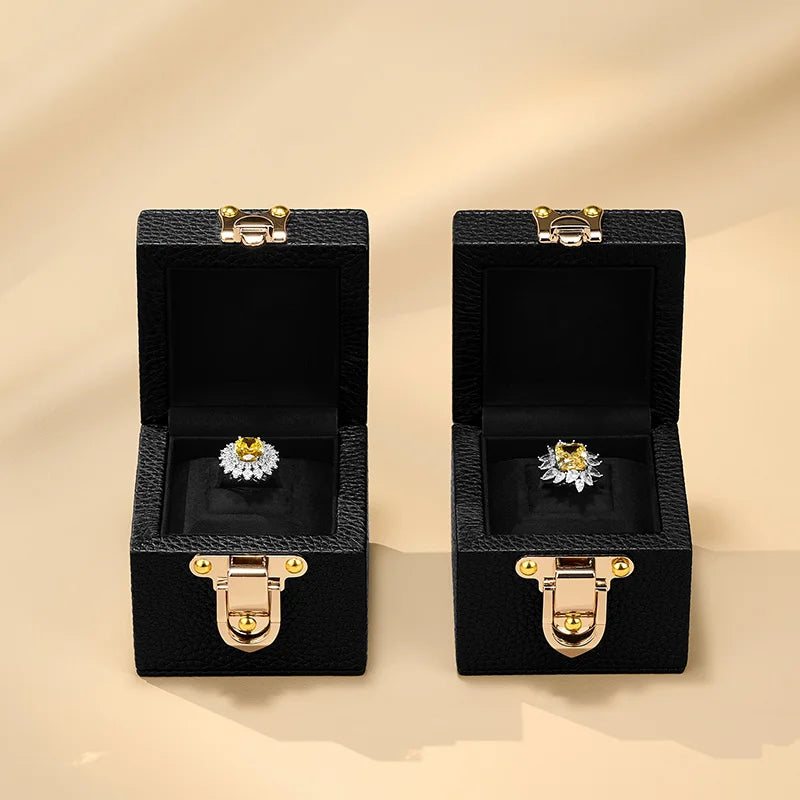 Boîte Cuir Véritable Bague Fiançailles Luxe Diamant