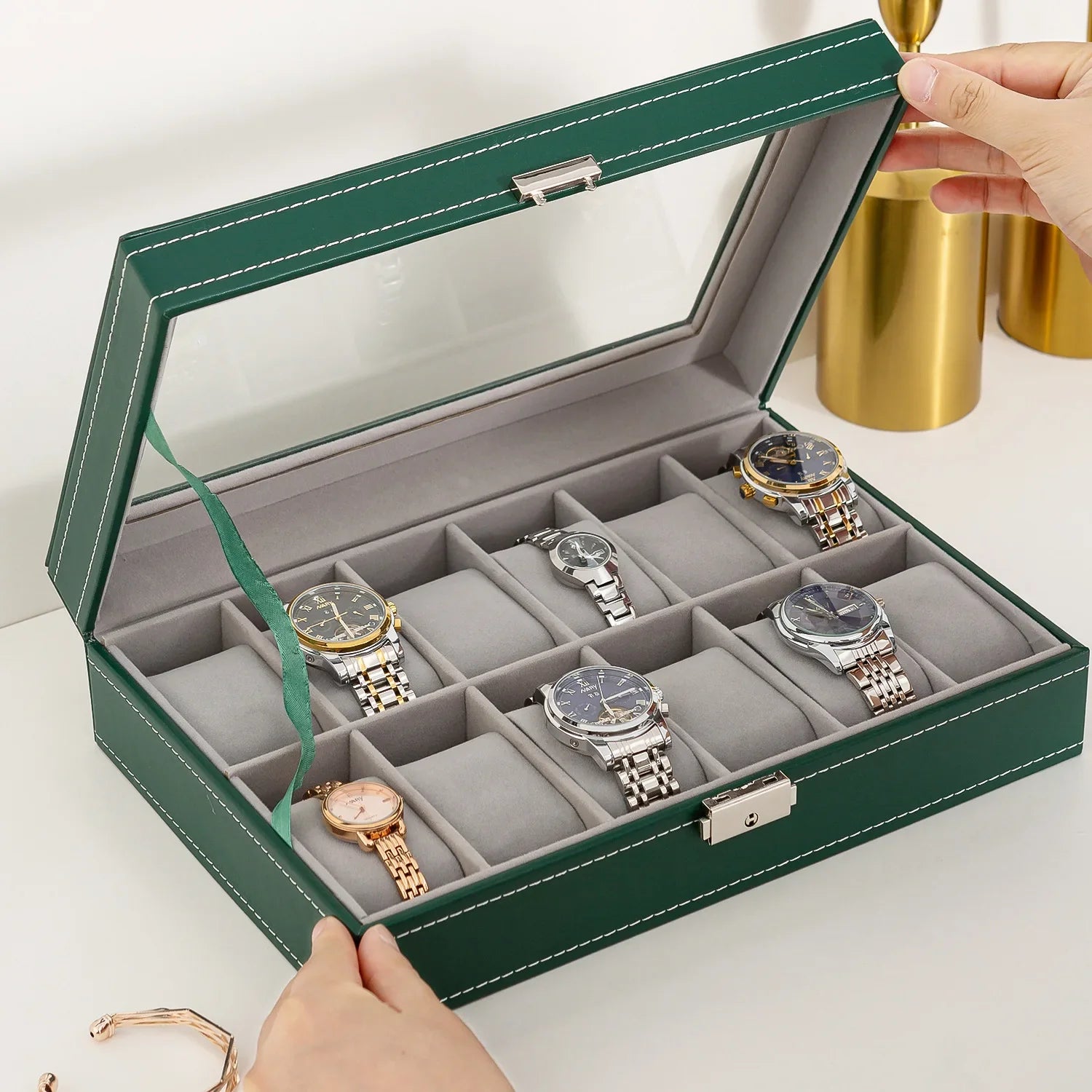 Coffret Montre Cuir Vert 6 10 12 Serrure