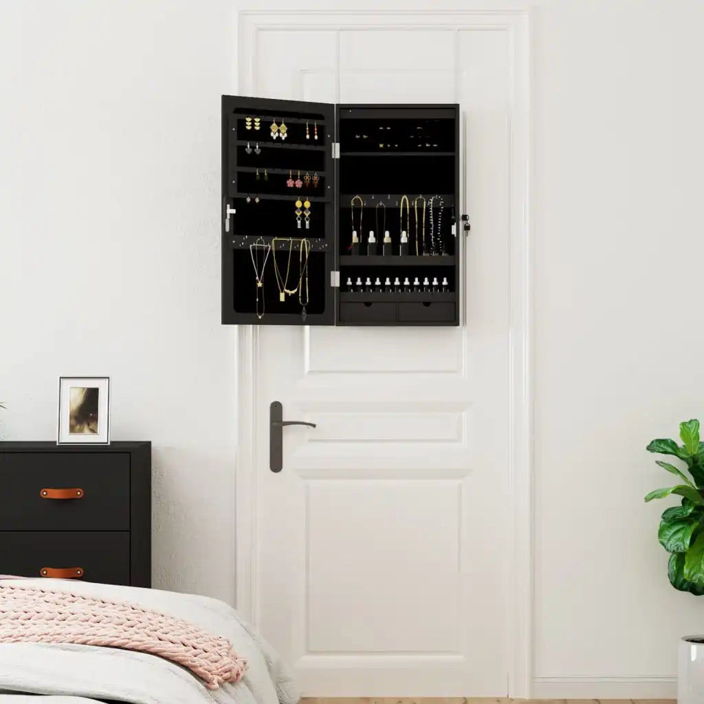 Boîte Bijoux Bois Murale Noire LED Miroir Élégance