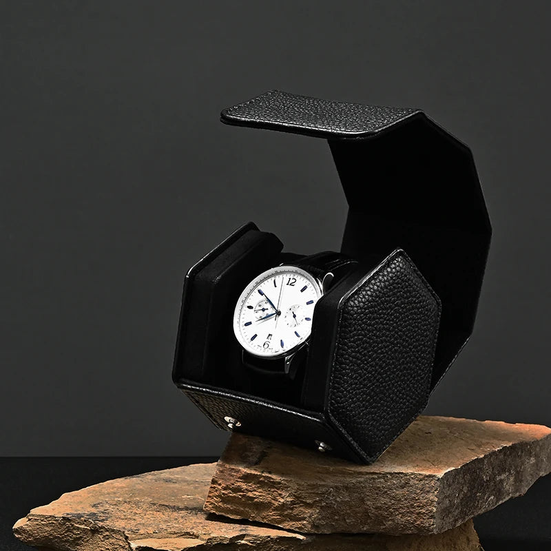 Étui Montre Cuir Hexagonal Voyage Portable