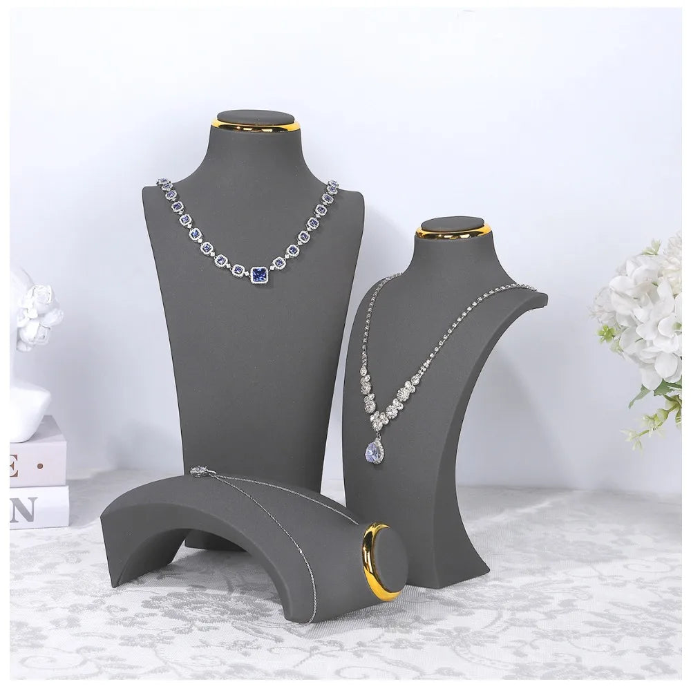 Présentoir Collier Buste Simili Cuir Doré