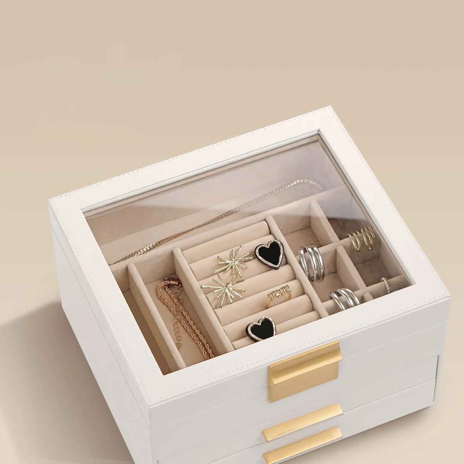 Boîte Bijoux Simili Cuir Velours Blanc Compact
