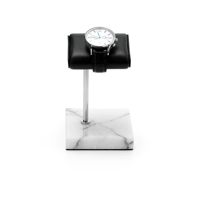 Présentoir montre marbre cuir acier – finition marbre blanc, tige argentée, avec cotes