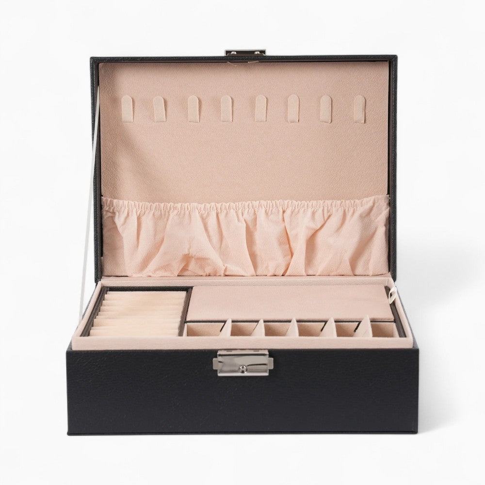 Boîte Bijoux Cuir Noir Velours Verrouillage