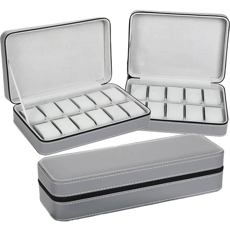 Boîte Montres Cuir Velours Gris 12 Places
