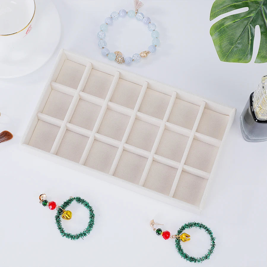 Plateau Bijoux Velours Beige Multi-Compartiments