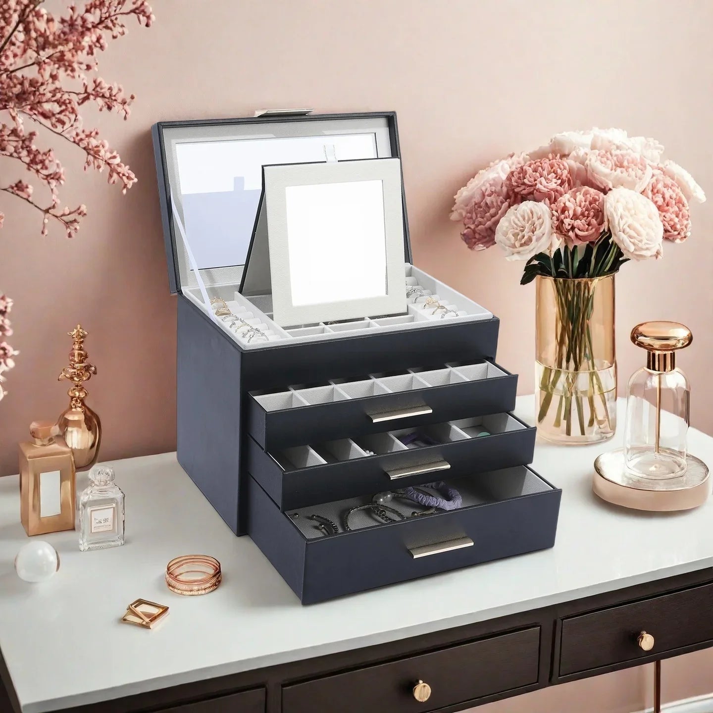 Boîte à Bijoux Cuir Miroir Coffret Noir