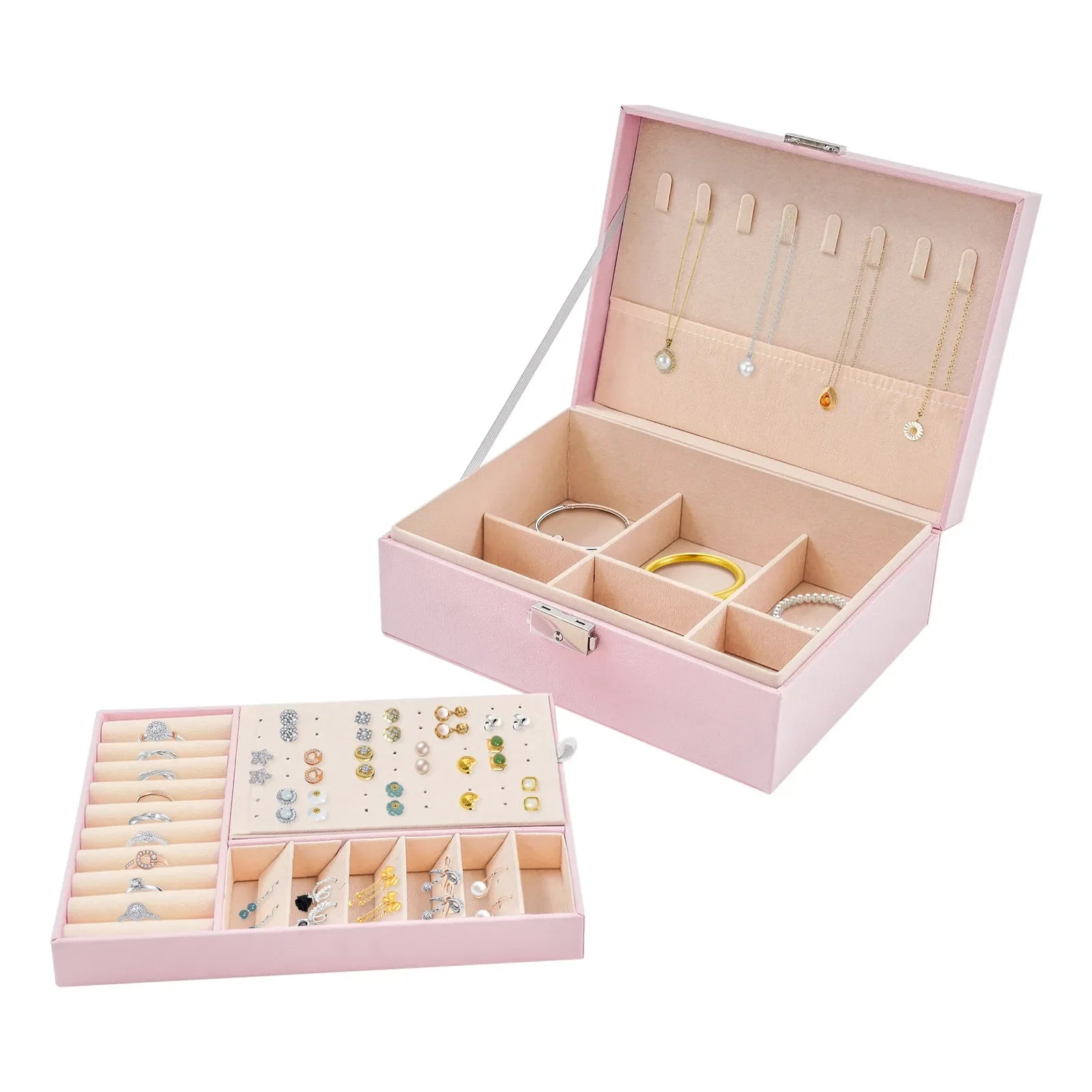 Boîte Bijoux Bois Rose Compartiments Serrure