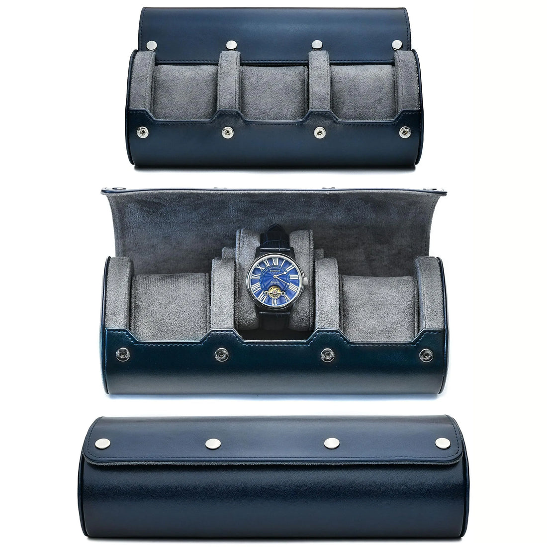 Étui voyage rigide bleu marine – étui vide, avec une montre et fermé, trois vues