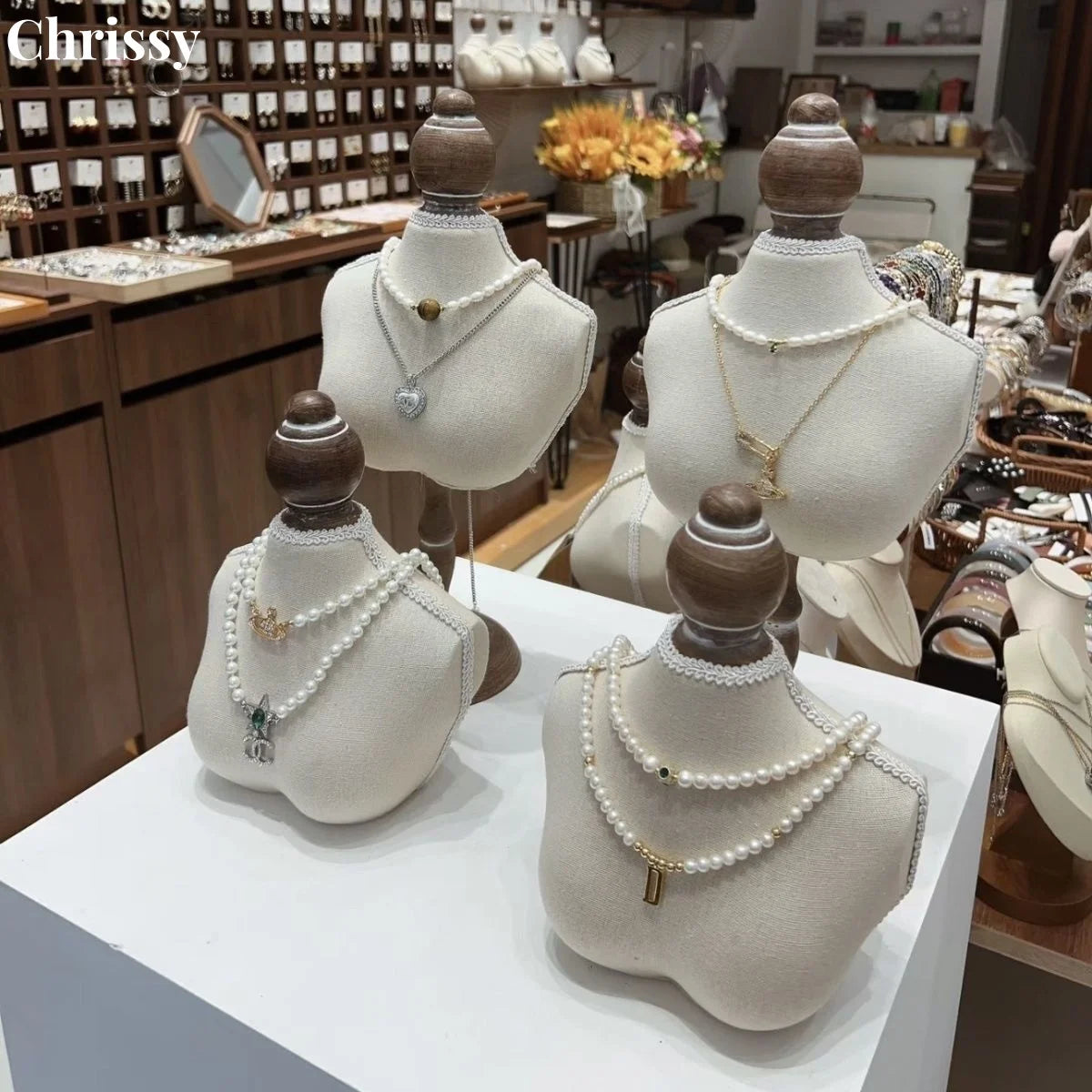 Présentoir Collier Bois Massif Vintage Vitrine