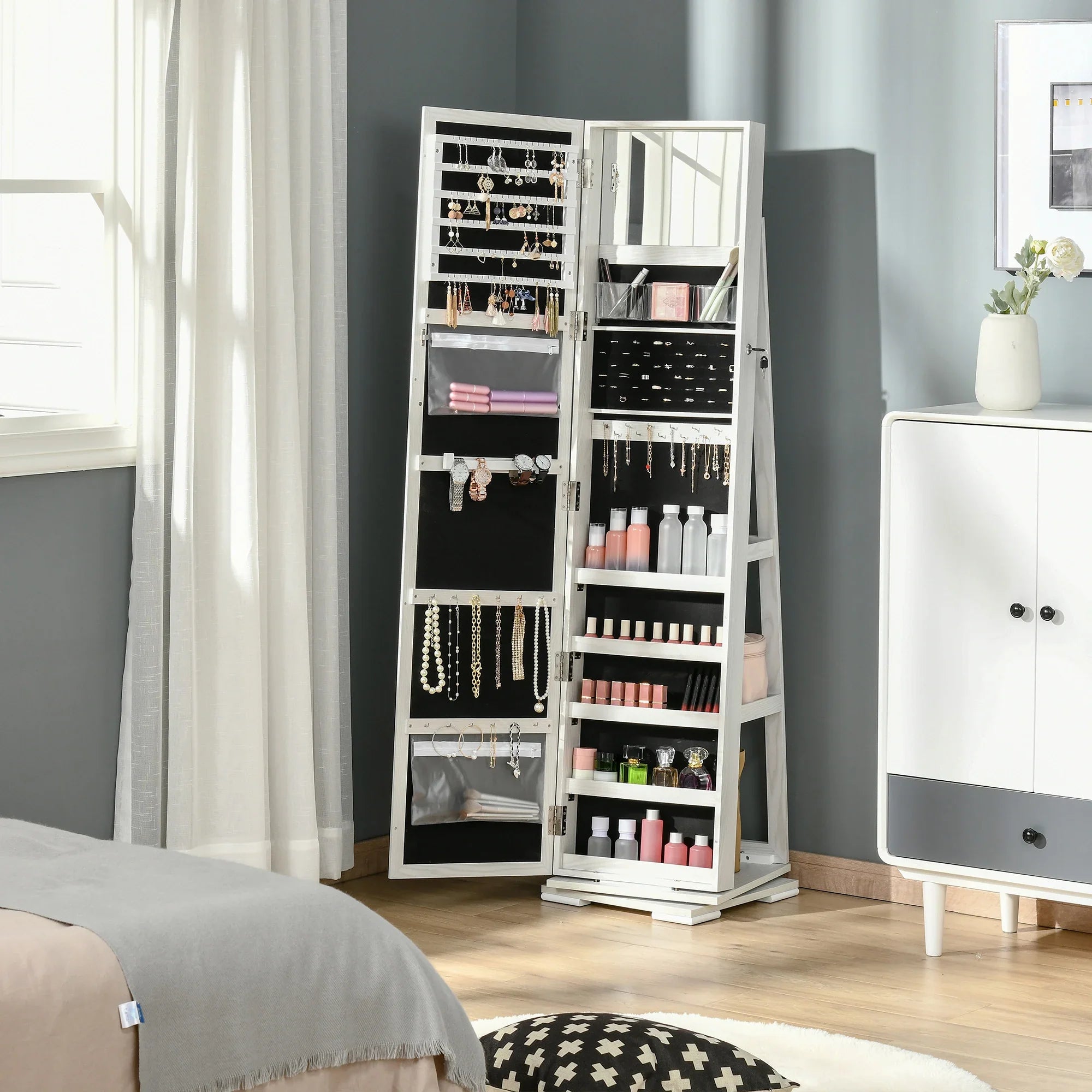 Boîte à Bijoux Bois Armoire Miroir Pied Rotatif 360