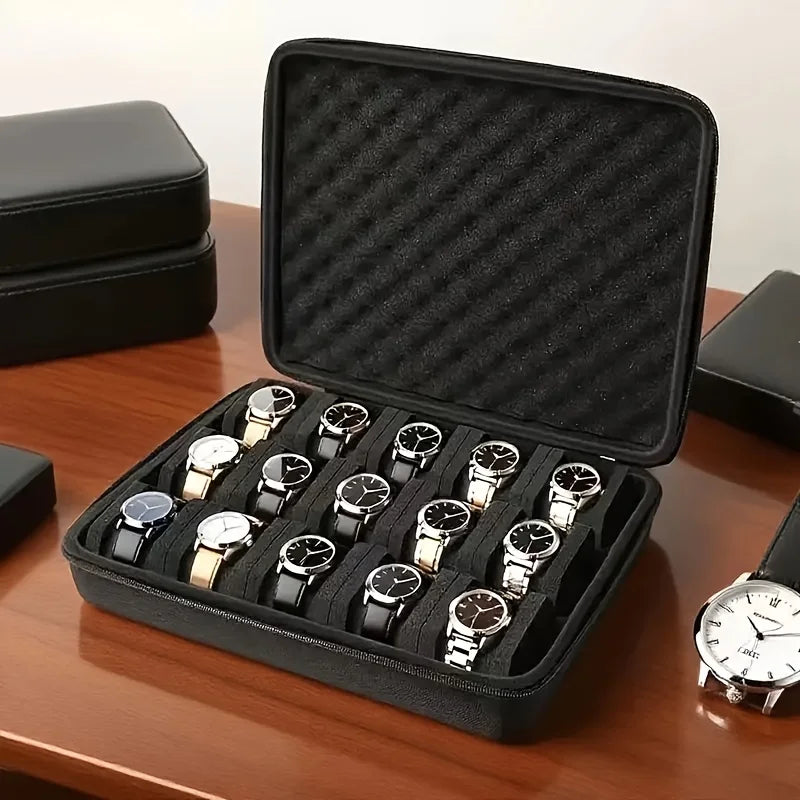 Boîte Montre Cuir 15 Cartes Vitrine Portable