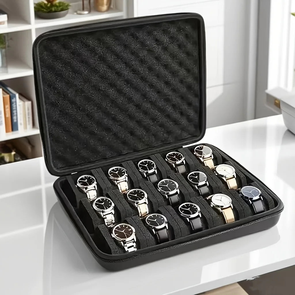 Boîte Montre Cuir 15 Cartes Vitrine Portable