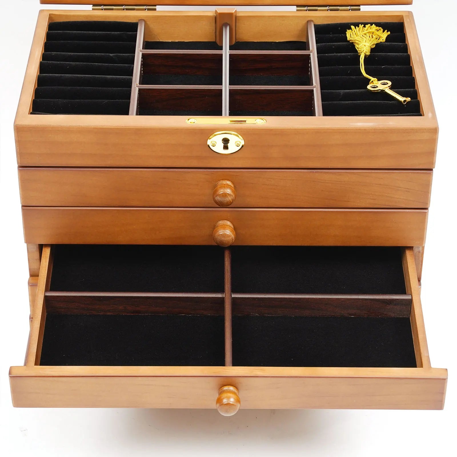 Boîte Bijoux Bois Massif 6 Tiroirs Miroir Serrure