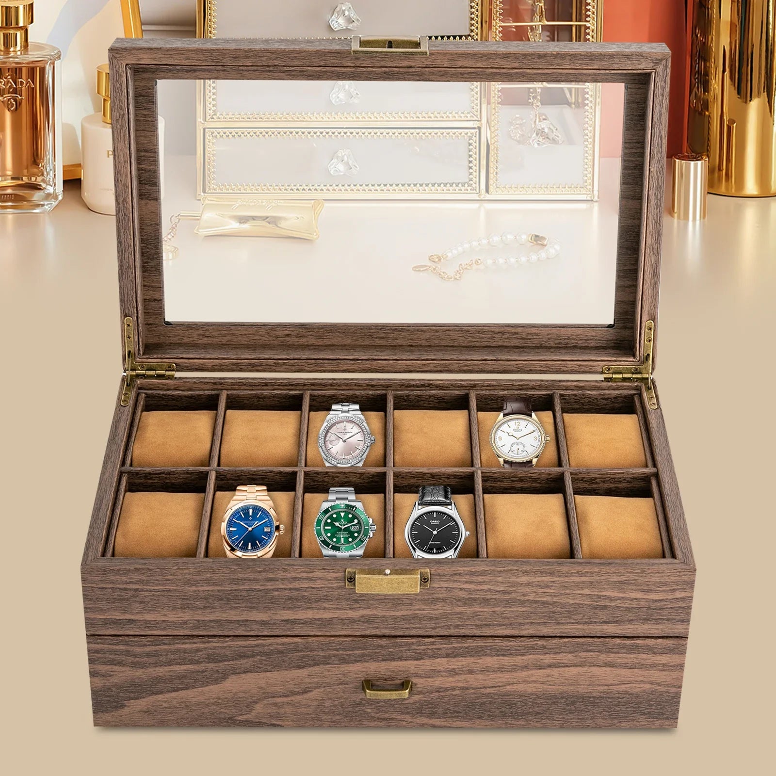 Coffret Bois 24 Montres Cuir Double Niveau Rustique