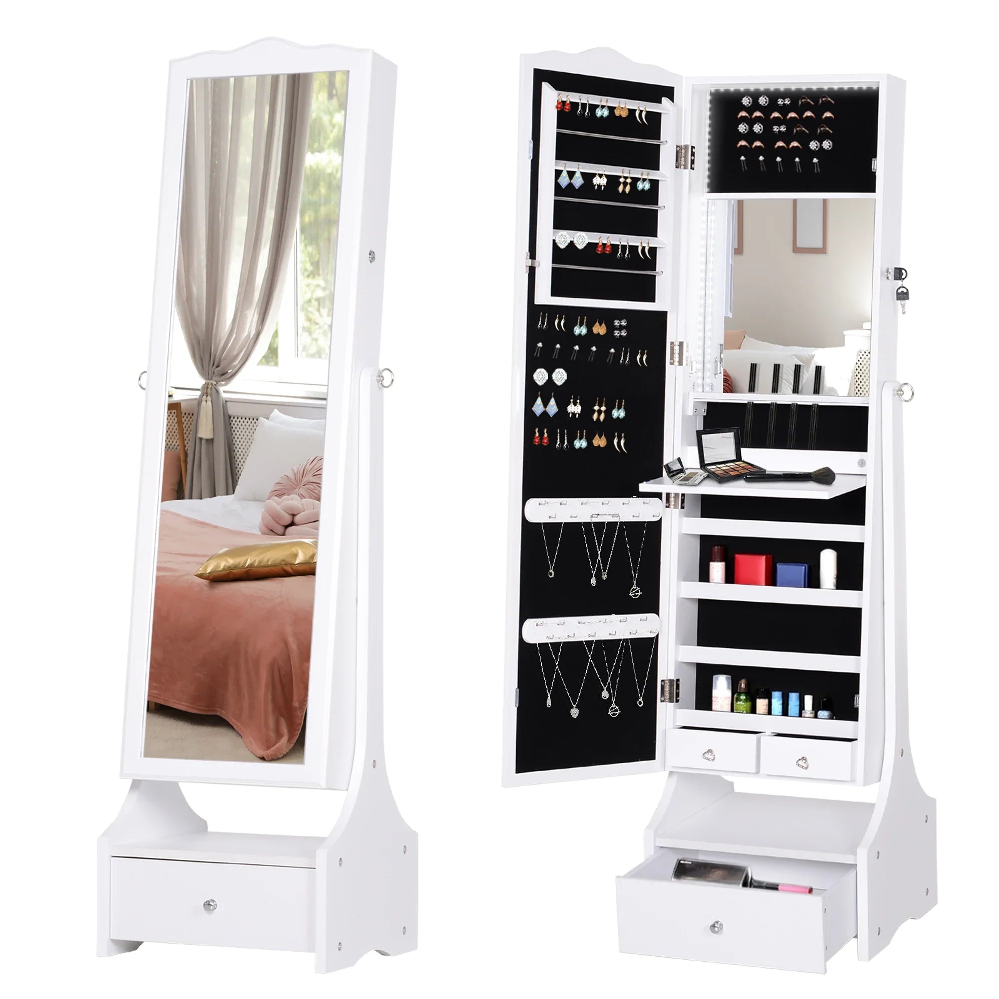 Boîte à Bijoux Bois Armoire LED Miroir Ajustable