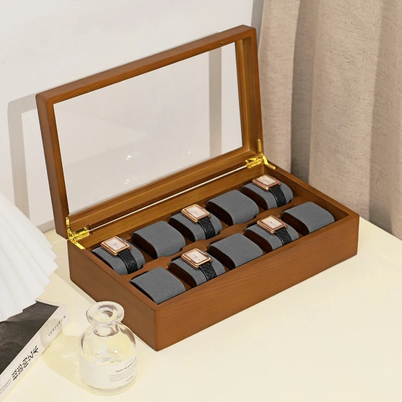 Boîte à montres bois 10 places – coussinets gris, vue ouverte
