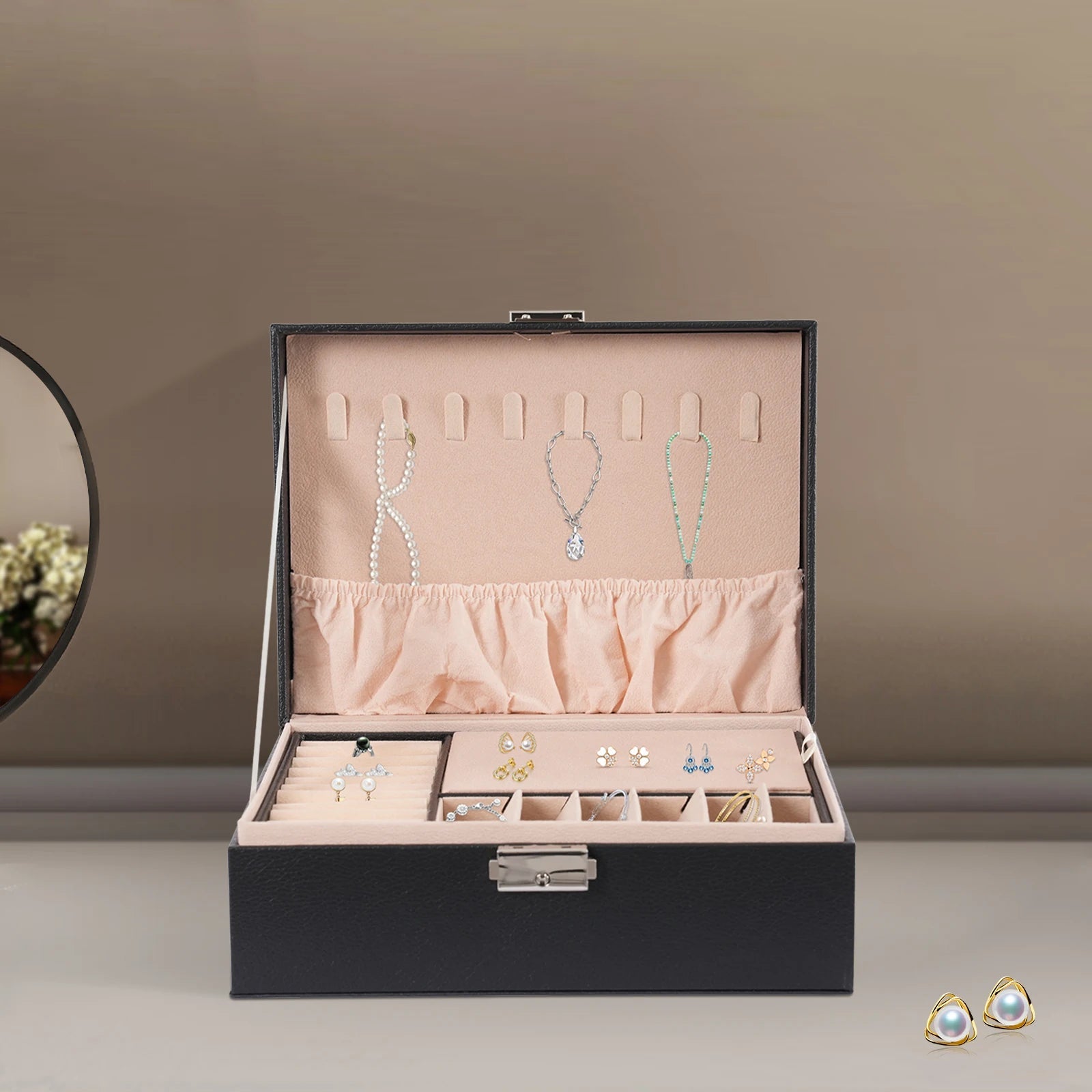 Boîte Bijoux Cuir Noir Velours Verrouillage
