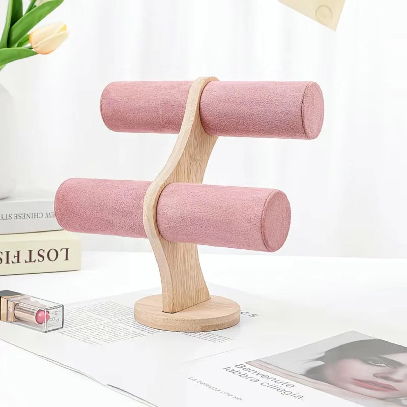 Présentoir Bijoux Velours Rose Bois Multifonction