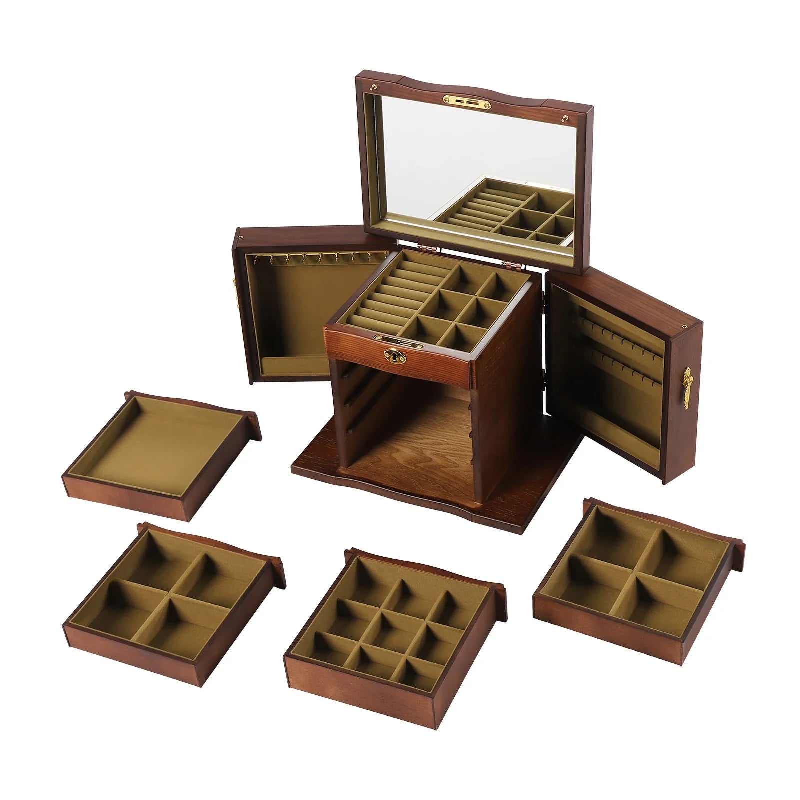 Boite Bijoux Bois Velours Vintage 5 Niveaux