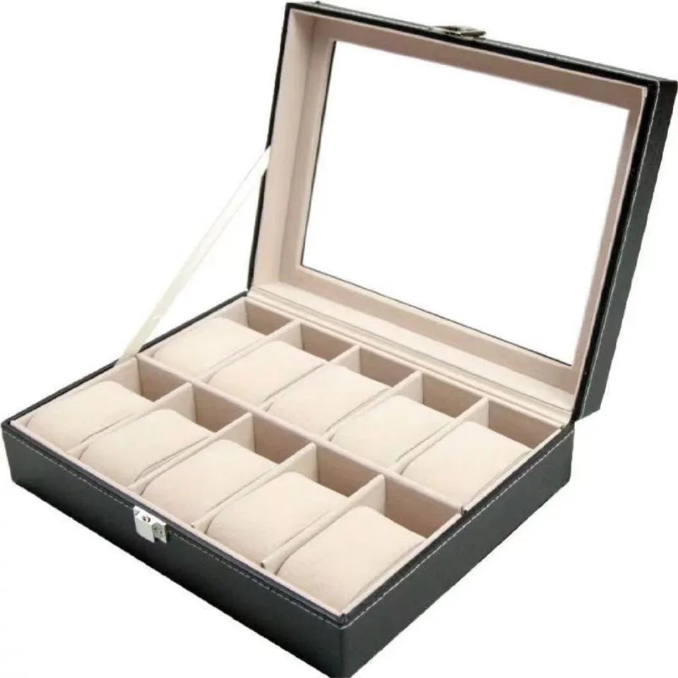 Boite Montre Cuir Beige Vitrine Verre Classique