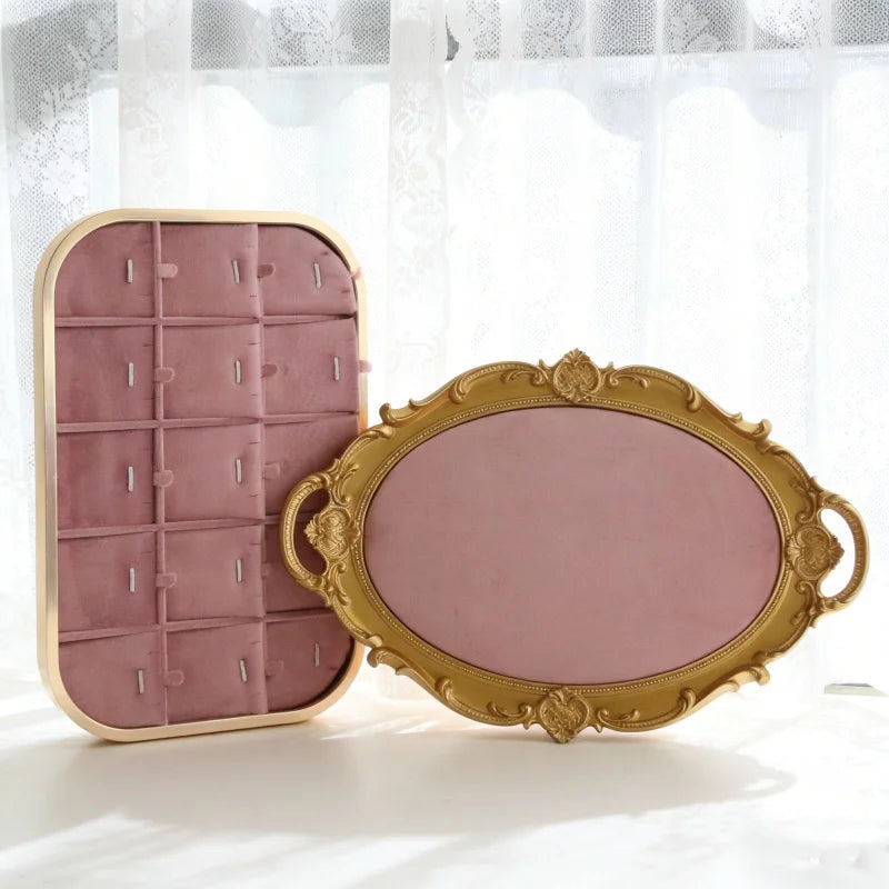 Plateau Bijoux Velours Rose Métal Multifonction