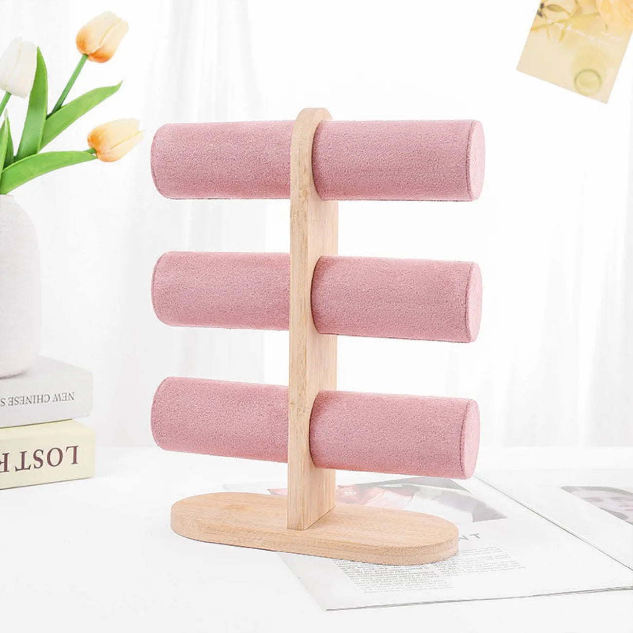 Présentoir Bijoux Velours Rose Bois Multifonction