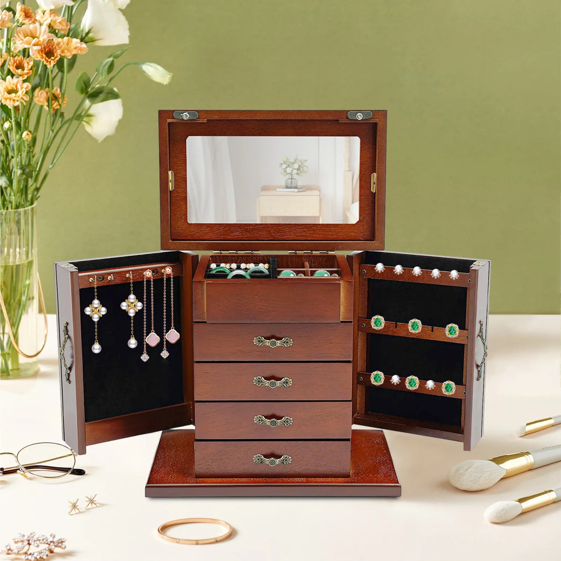 Boite Bijoux Bois Velours Art Deco 5 Niveaux