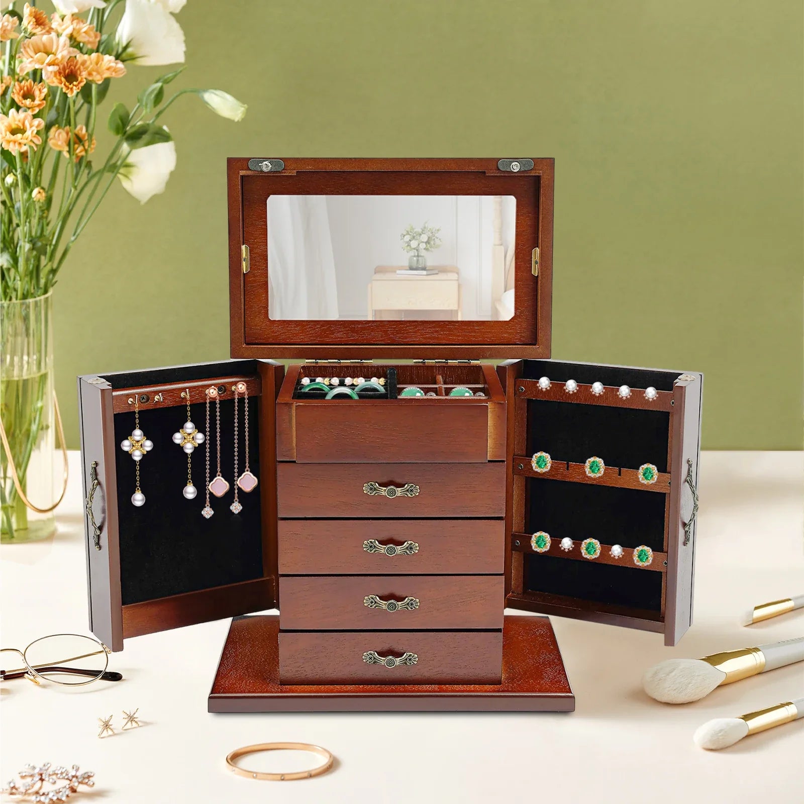 Boite Bijoux Bois Velours Art Deco 5 Niveaux