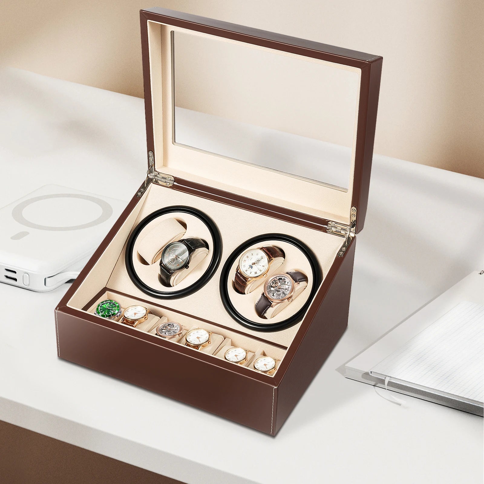 Coffre Fort Montre Cuir 10 Remontoirs Rotatif