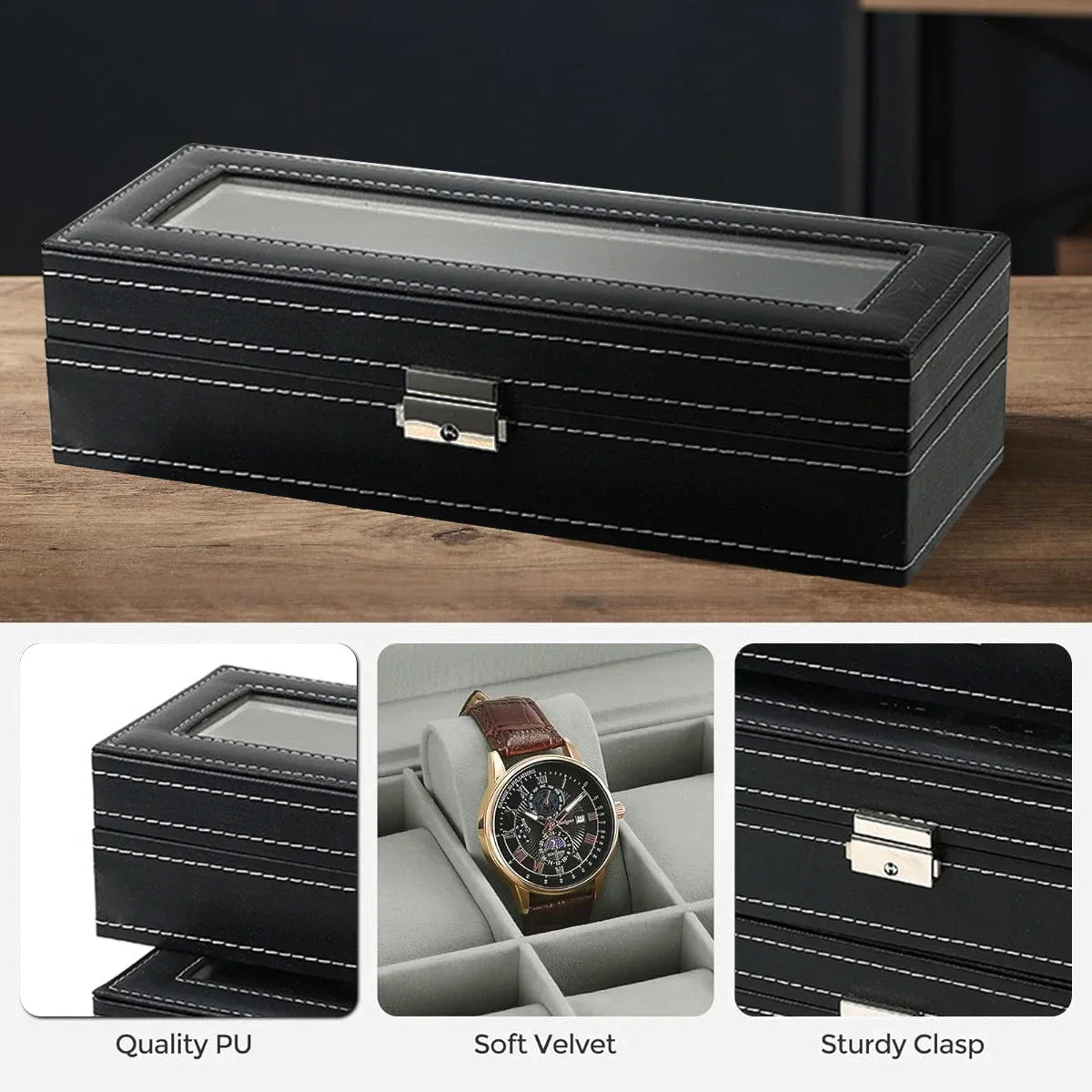 Coffret Montres Cuir Vitrine Verre 12 Emplacements