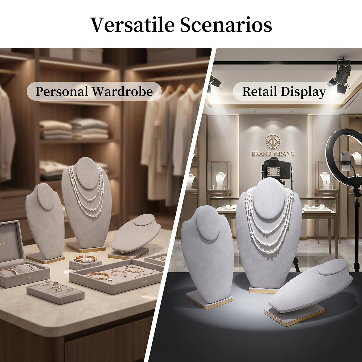 Buste Présentoir Collier Velours Gris