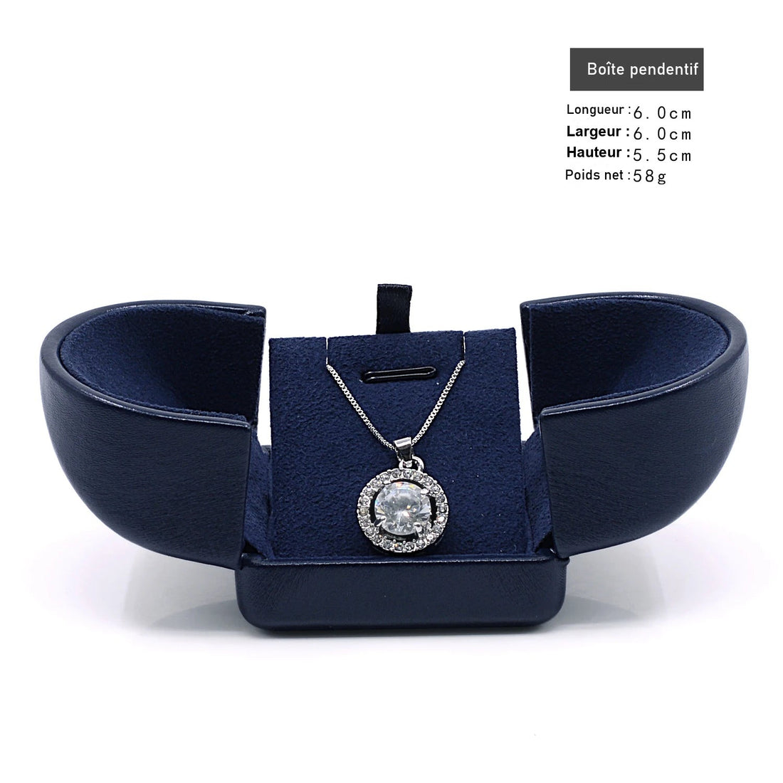 Écrin bleu marine – modèle pendentif ouvert avec un pendentif en pierre